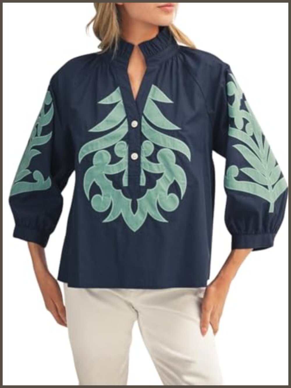 Baroque Applique Ruffled V-Neck Puff Sleeve Blouse Button Down Shirt